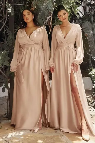 Vista 3 de DEUELANK Vestidos de dama de honor de manga larga con cuello en V vestido de graduación de satén con abertura línea A vestidos formales fruncidos