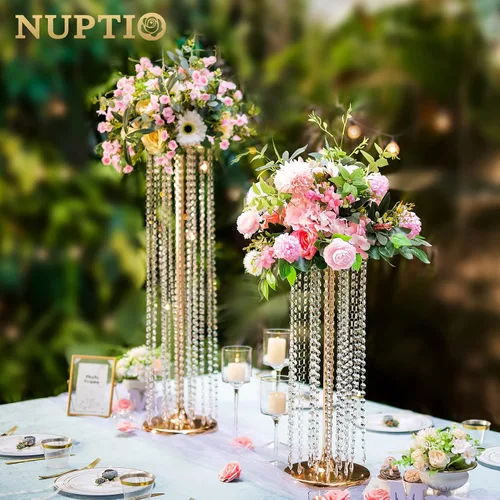 Vista 2 de Nuptio 2 centros de mesa de cristal dorado de 23.6 pulgadas de alto, jarrones de flores para decoración de mesas de fiesta
