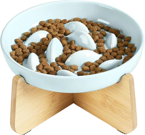 Vista 11 de PETTOM Alimentador lento Cat Bowl de cerámica elevada con soporte de bambú espina de pescado