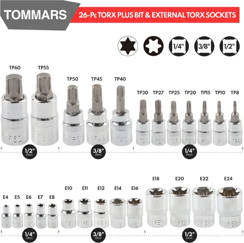 Vista 5 de TOMMARS Juego de 60 piezas de enchufes de brocas Torx Master y juego de enchufes externos de 1/4", 3/8", 1/2" de transmisión, brocas de acero S2
