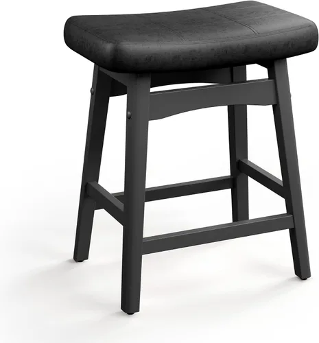Vista 28 de MAISON ARTS Juego de 4 taburetes de bar grises para encimera de cocina, patas de madera maciza con asiento de silla de montar de piel sintética