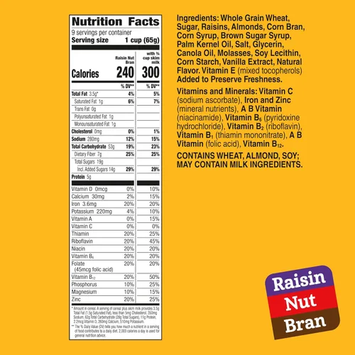 Vista 2 de Cereal de pasas y nueces, cereal alto en fibra, hecho con grano entero, 20.8 oz