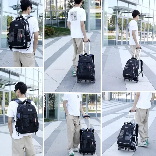 Vista 3 de Mildame Mochila con ruedas para niños, mochila escolar con ruedas, Graffiti blanco y negro 2 ruedas