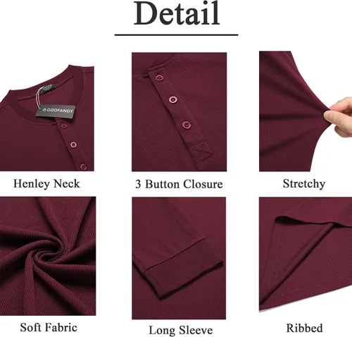 Vista 60 de COOFANDY Camisas Henley de manga larga para hombre, camisetas elásticas acanaladas, camisetas básicas casuales de moda