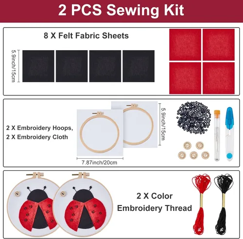 Vista 2 de WEBEEDY Juego de 2 kits de bordado Lady Bug para coser fieltro principiantes bordado kit de inicio