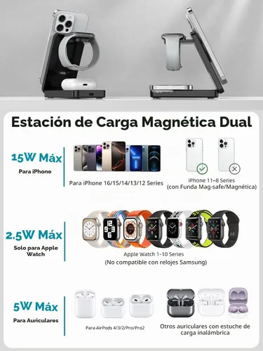 Vista 2 de Cargador inalámbrico para Apple, estación de carga plegable 3 en 1