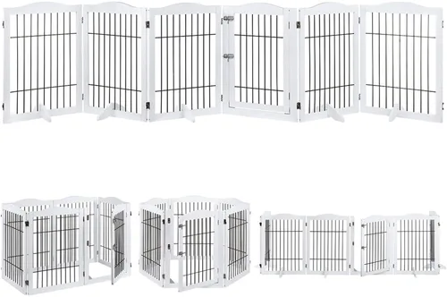 Vista 8 de beeNbkks Puerta extra ancha para mascotas, puerta independiente de 6 paneles para perros con puerta de paso y 5 pies de apoyo, valla de barrera