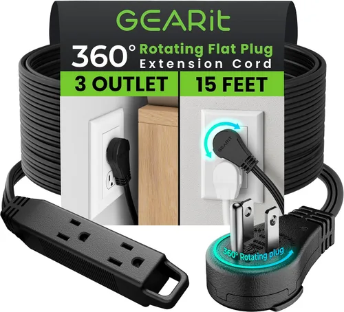 Vista 21 de GEARit Cable de extensión de enchufe plano giratorio de 360° de 3 pies, cable de alimentación de perfil bajo de 3 salidas, ahorro de espacio