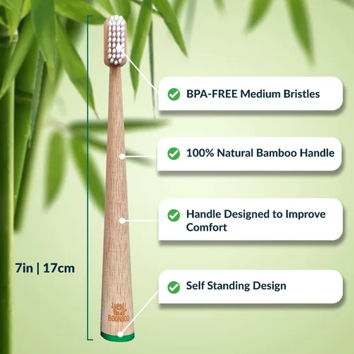 Vista 2 de BOONBOO Cepillos de dientes de bambú, mango de madera, stand-up, paquete de 4, adulto
