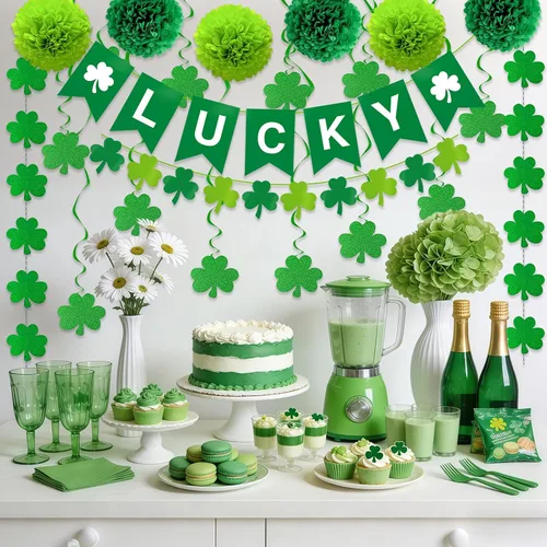 Vista 5 de 22 decoraciones de fiesta de despedida, pancarta de la suerte y guirnaldas de trébol, espirales colgantes, pompones para cumpleaños de la suerte