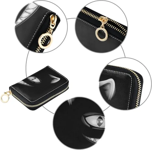 Vista 3 de Cartera de monedero de piel para mujer, diseño de gato negro con cara de gato, color gris, con bloqueo RFID
