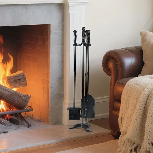 Vista 6 de Juegos de herramientas para chimenea con soporte, herramientas de fuego de hierro fundido, accesorios para chimenea, combustión de madera