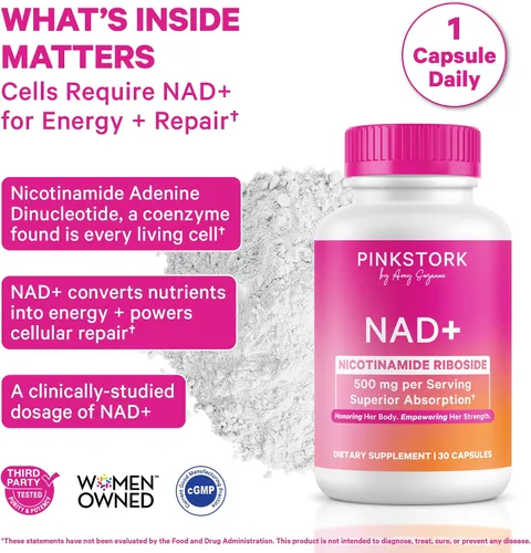 Vista 2 de Pink Stork NAD+ Suplemento para mujeres mayores de 30, 30 cápsulas 500 mg Nicotinamide Riboside NR, Clinically Studied Pure NMN Powder, Brain