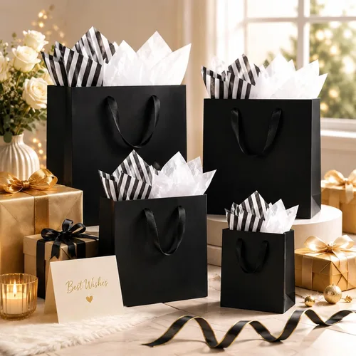 Vista 6 de Offizon 12 bolsas de regalo negras, bolsas de regalo con papel de seda