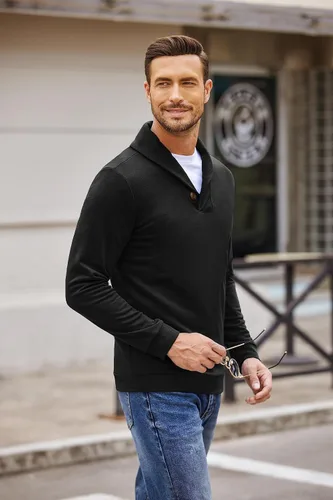 Vista 7 de COOFANDY Suéter de punto de manga larga casual con cuello de chal para hombre