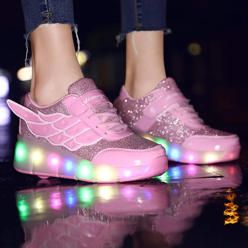 Vista 3 de Nsasy - Zapato deportivo para niña con ruedas para patinar y luces. Tenis deportivo con luces Led para niñas, regalo navideño para niños, rosado