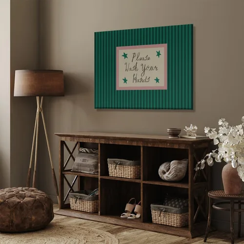 Vista 6 de Green Pink Striped Bathroom Wall Art Please Wash Your Hands Humor Canvas Print Mid Century Modern Poster and Posters for Vintage Bathroom