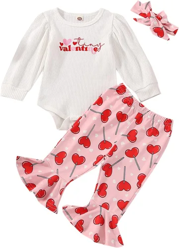 Vista 28 de FIOMVA Conjunto de ropa de 3 piezas con estampado de corazón para bebé recién nacida, para el día de San Valentín
