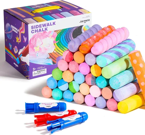 Vista 9 de Jar Melo 26 tizas de acera para niños, tiza de color con soporte, tizas lavables y no tóxicas, juego al aire libre y arte de pizarra para niños