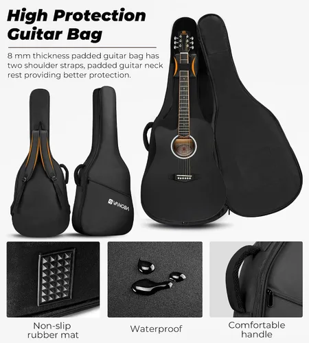 Vista 6 de Kit de guitarra electroacústica Vangoa para zurdos, tamaño completo, para principiantes adultos, con EQ de 4 bandas incorporado, bolsa, afinador