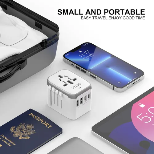 Vista 6 de [Negro Gris + Blanco Plata] VYLEE Adaptador de enchufe de viaje universal internacional, adaptador de enchufe de viaje europeo 5 en 1 con 3.5A