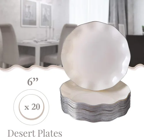 Vista 4 de Silver Spoons Platos de postre desechables 10 piezas Platos de plástico resistente Elegante aspecto fino de porcelana Velo, marfil
