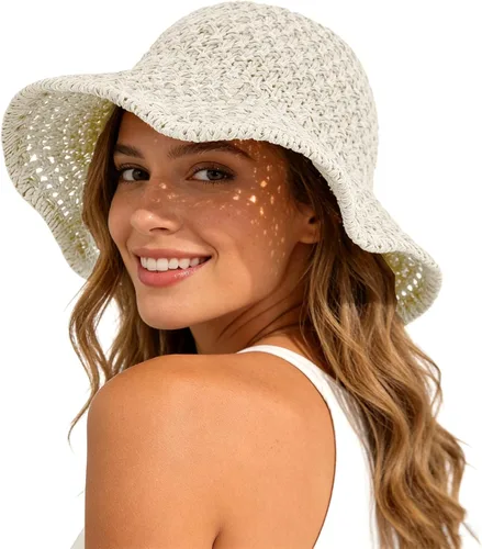 Vista 12 de Sombrero de playa para mujer, sombrero de paja para verano, protección UV, plegable, transpirable, estilo de ganchillo caqui (1pack-khaki)