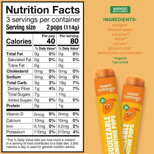Vista 2 de Sweet Nothings Paletas de batido de zanahoria y mango, 12 paletas congeladoras, paletas de frutas y verduras, sin azúcar añadida, orgánicas USDA
