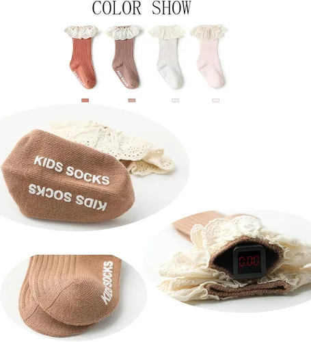 Vista 2 de Calcetines largos de uniforme para bebés y niñas calcetines de encaje con volantes para bebés y niñas calcetines altos de algodón