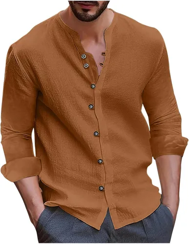 Vista 8 de Camisas de manga larga para hombre, casual, de algodón, lino, con botones, a la moda, lisas, para fiesta, otoño