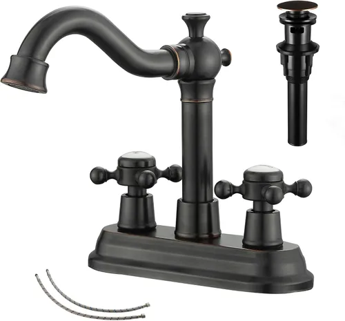 Vista 11 de Grifo de Baño GGStudy de Latón Antiguo de 2 Manijas de 4 Pulgadas Grifo Central de Tocador de Baño con Conjunto de Drenaje y Manguera de Suministro