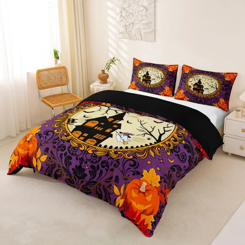 Vista 6 de Erosebridal Halloween Castle Pumpkin Duvet Cover Set Spooky Floral Cartoon Twin Bedding Sets for Girls Kids Boys Vintage Spooky Comforter Cover