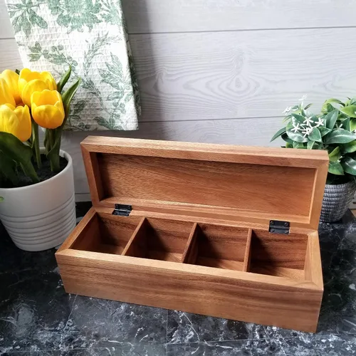 Vista 6 de Lipper International Caja de té de madera de acacia con 4 secciones, 12-1/2" x 4-1/8" x 3-7/8