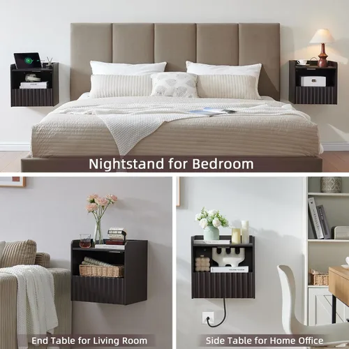 Vista 6 de BuildHom Moderna mesita de noche flotante acanalada montada en la pared, juego de 2 mesitas de noche con cajón de almacenamiento y estante