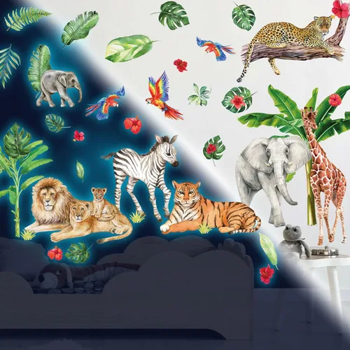 Vista 4 de Adhesivos de pared de animales de la jungla que brillan en la oscuridad, calcomanías de pared luminosas y animales del safari que se pueden quitar