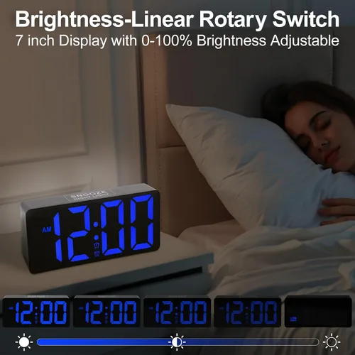 Vista 2 de PPLEE Reloj despertador para dormitorio con luz nocturna y dígitos atrevidos, reloj digital de 7 pulgadas con alarmas dobles y puertos de carga USB