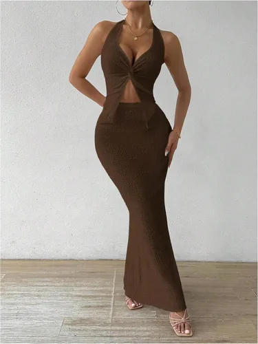 Vista 4 de SOLY HUX - Conjunto de dos piezas de verano para mujer, con parte superior tipo camisola con cuello halter, nudo frontal y falda marrón (Plain Brown)