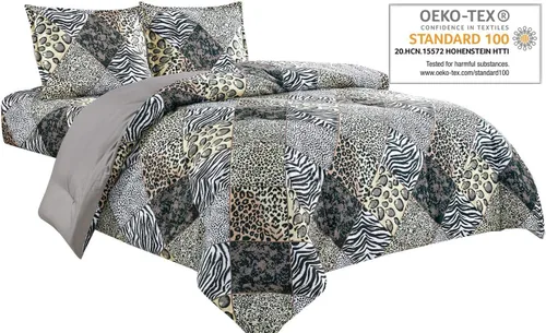 Vista 2 de WPM - Edredón de 2 piezas con estampado de animales y funda de almohada, ropa de cama tamaño individual, diseño de leopardo, cebra, jirafa, selva