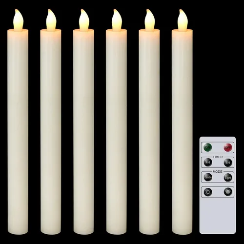 Vista 12 de Velas cónicas parpadeantes sin llama rosadas que funcionan con pilas con control remoto de 10 teclas y temporizador, paquete de 6 velas LED de cera