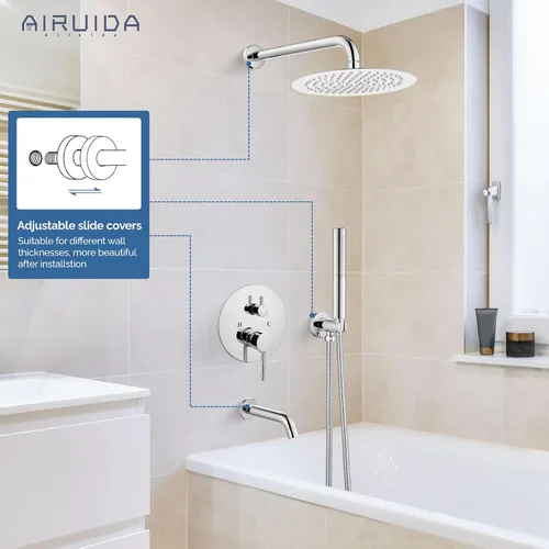 Vista 2 de Airuida Sistema de ducha con boquilla de bañera, cabezal de ducha redondo de 10 pulgadas con 2 funciones, ducha de mano, montaje en pared, juego