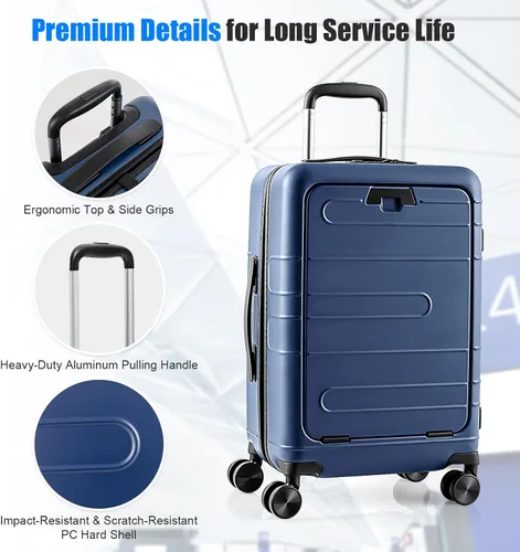 Vista 9 de Goplus Equipaje de mano, maleta rígida de policarbonato de 20 pulgadas con bolsillo frontal, mesa plegable, puerto de carga USB, doble bloqueo TSA