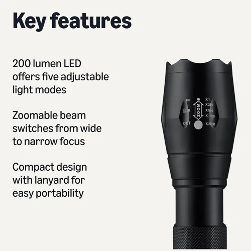 Vista 2 de Amazon Basics Linterna LED de mano, 200 linternas de alto lumen Enfoque de brillo ajustable, negro
