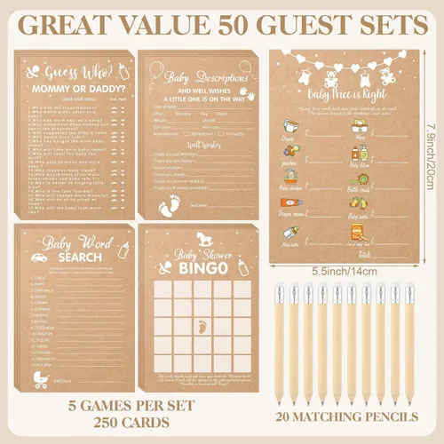 Vista 7 de Patelai Juego de 321 piezas de papel kraft para baby shower para niña o niño, juego de 5 juegos que incluye divertidos juegos de bingo para baby