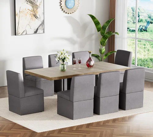 Vista 7 de Juego de mesa de comedor extensible para mesa de cocina extensible de 4, 5 piezas y 4 sillas de almacenamiento ocultas de lino tapizadas de madera