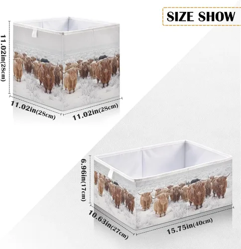 Vista 3 de linqin Cesta de almacenamiento rectangular con estampado de vaca escocesa, contenedores de almacenamiento plegables abiertos, organizador