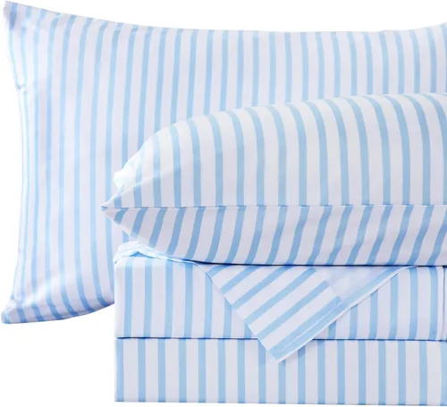 Vista 26 de MCO Juego de sábanas a rayas de 4 piezas, juego de sábanas Full transpirable con bolsillo profundo de 16", moderno y lujoso, juego de ropa de cama