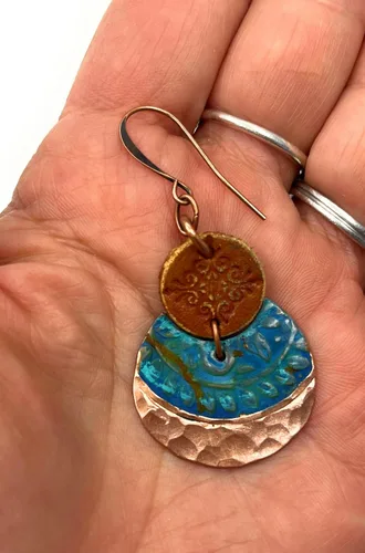 Vista 6 de Boho Leather Stamped Scroll & Turquoise Rust Hammered Copper Earrings