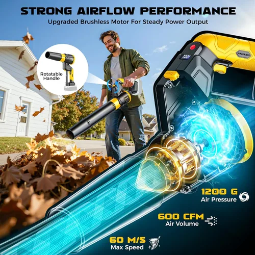 Vista 3 de DIYtoolifz Soplador de hojas inalámbrico compatible con Dewalt 20V, rotación de 180°, soplador de hojas de mano de 600 CFM, motor sin escobillas