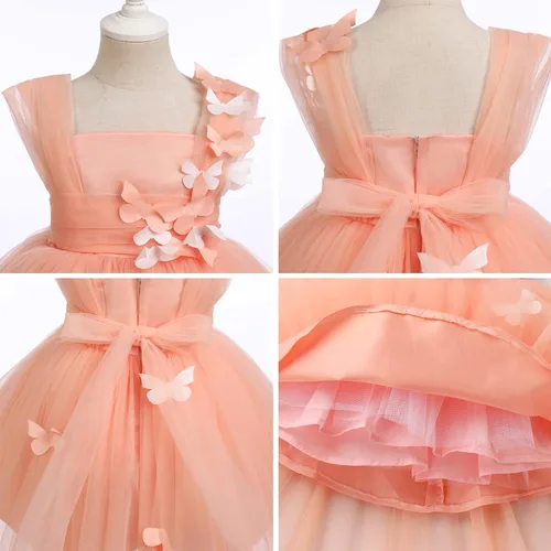 Vista 6 de Vestido de tutú con lentejuelas y lazo alto y bajo, vestido de pétalos de encaje, princesa, concurso, boda, fiesta de cumpleaños, vestido formal
