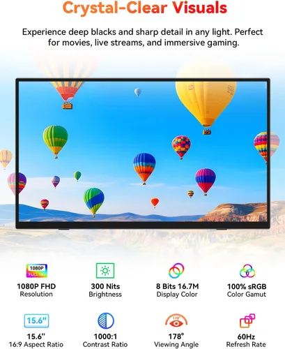 Vista 2 de HotYeah Monitor portátil, 15.6 pulgadas 1080P FHD monitor para laptop USB-C HDMI pantalla externa de computadora HDR FreeSync IPS con soporte